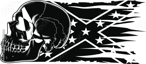 grunge skull with confederate flag distressed vector illustration, vintage rebel symbol gothic style design artwork