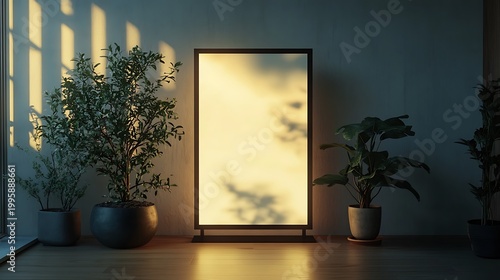 Illuminated  poster mockup, indoor plants, sunset shadows, minimalist room, advertising