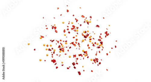 Crushed red chili pepper flakes and seeds, spicy dried cayenne seasoning explosion, organic hot pepper condiment isolated on white background