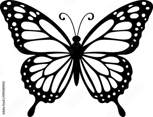 Pretty Monarch Butterfly Black and White Vector Illustration Isolated Image Decal Design