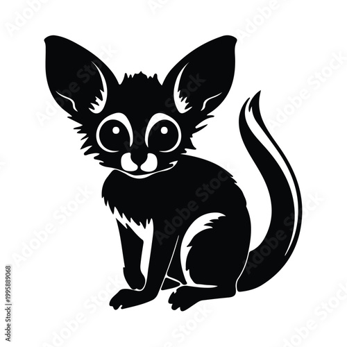 Whimsical black and white illustration of a large-eyed feline sitting cutely Vector
