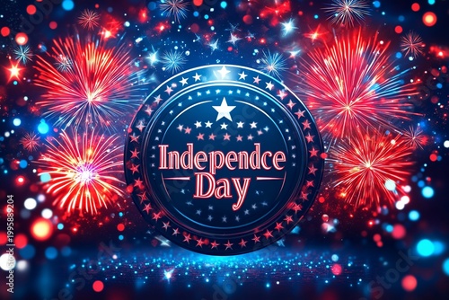 Independence Day celebration with fireworks and patriotic colors.