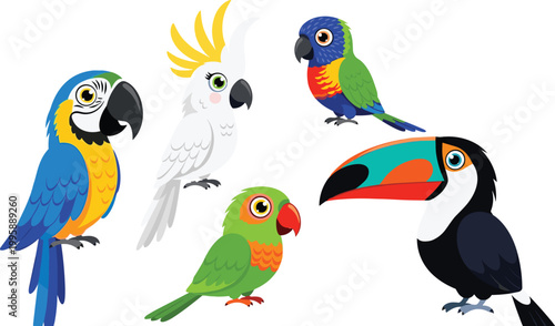 Colorful Tropical Birds Vector Set Featuring Parrots, Toucans, Cockatoos, and Lorikeets for Animal-Themed Designs and Illustrations