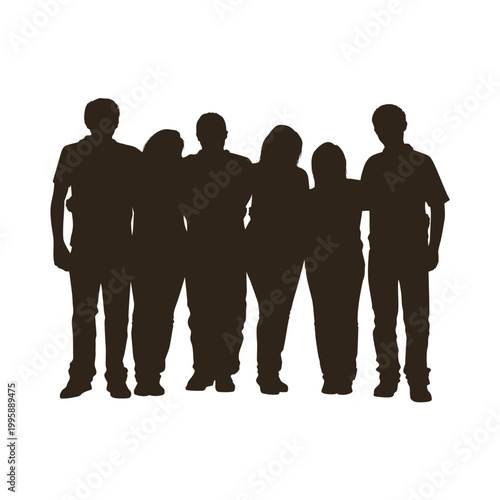 Six silhouetted individuals standing closely together in a group pose Vector