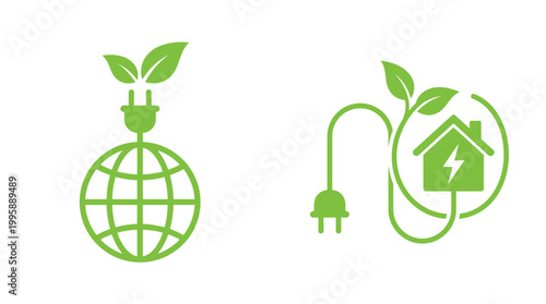 Green eco icons of earth with leaf and house with electricity Vector
