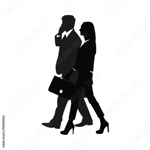 Two professionals walking together in business attire while engaged in conversation. Vector