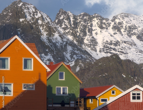Colorful Wooden Houses Nestled Beneath the Snow-Capped Peaks of Lofoten, Norway