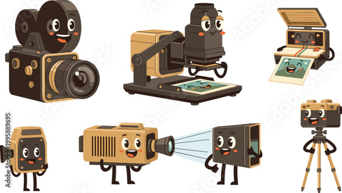 Cartoon Vintage Photography Equipment Set featuring Camera, Projector, Printer, Film Projector, and Tripod for Photography, Media, and Art Projects
