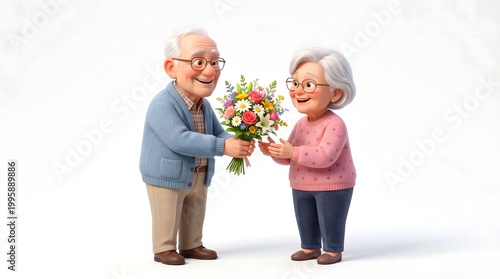 An elderly man giving a bouquet of flowers to his wife, symbolising love and appreciation. The couple is shown with smiling faces, sharing a heartwarming moment of affection.