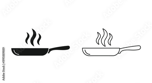 Professional vector graphic illustration featuring two stylized black hot frying pans with steam icons used for culinary website design or food related mobile application interface layouts