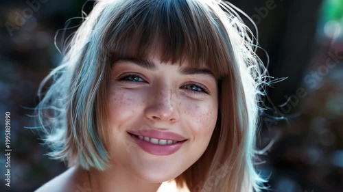 Young caucasian female adult short blonde bob hair freckles green eyes portrait with soft natural light warm tones shallow depth of field