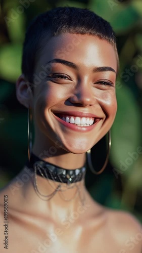 Closeup portrait of a female hispanic young adult with very short hair hoop earrings choker jewelry warm sunlight bronzed skin fashion beauty headshot
