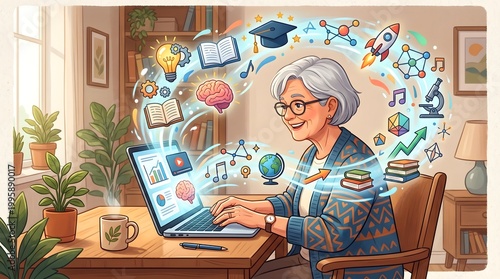 An Elderly Woman Immersed in Online Learning, Surrounded by E-learning Concepts and Symbolism