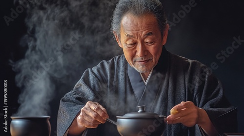 Japanese man preparing tea, indoors with steam rising, for relaxation and culture
