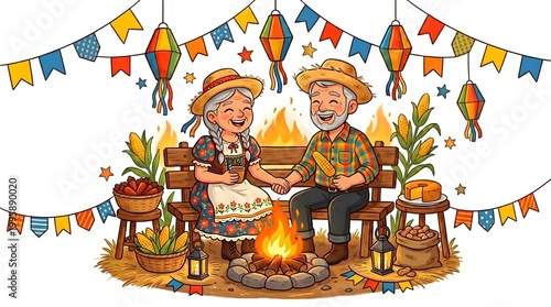 Festive Elderly Couple by a Bonfire. An elderly couple smiles joyfully, celebrating a festival night, a cheerful bonfire warms up their joyful moments
