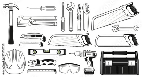 Collection of various hand and power tools for construction and repair.