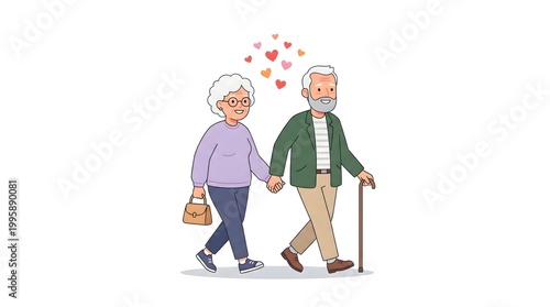A loving elderly couple enjoying a stroll, hand in hand, with red hearts above them, celebrating their lasting romance. The man uses a cane for support, and the woman carries a handbag.