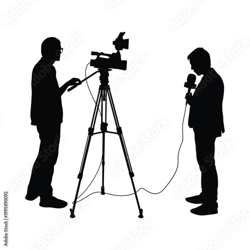 Two individuals engaged in a live television interview setup with camera and microphone Vector