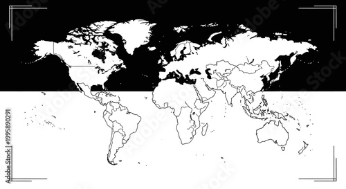 A black and white world map illustration.