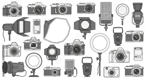 Collection of Vintage and Modern Cameras and Lighting Equipment.