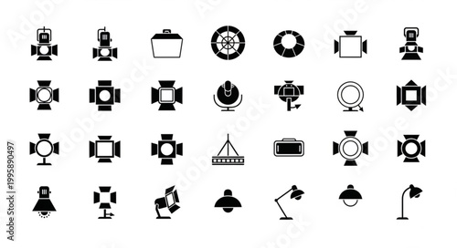 Collection of various lighting equipment icons and symbols.
