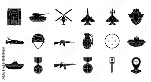 Collection of Military Icons and Symbols Representing Warfare and Defense.
