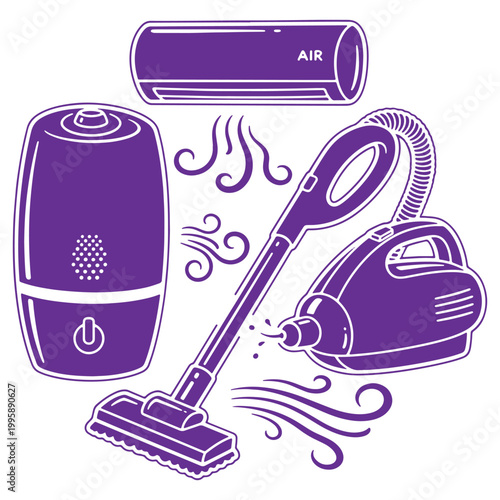 Illustration of home appliances including air purifier humidifier and vacuum cleaner isolated on a white background