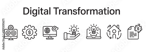 Digital transformation icons representing technology, finance, innovation, and home automation.