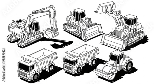 Collection of Construction Vehicles and Equipment Line Art.