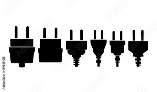 International travel adapter plug silhouettes comparison row black and white minimal vector illustration