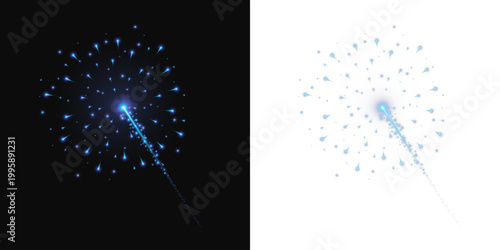 A vibrant blue firework burst radiates a bright beam and trailing particles, producing a magical, energetic light effect ideal for celebration, sci‑fi, technology, holiday, and festive design uses.