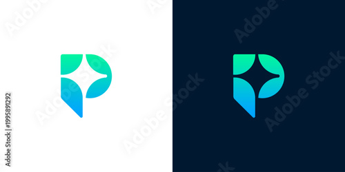 Modern P letter logo design with abstract star shape and gradient colors on white and dark backgrounds