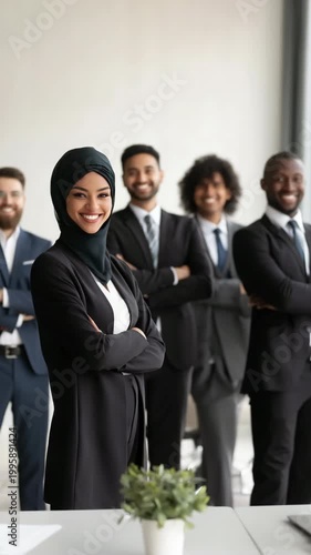 Diverse business team female asian adult leader in hijab with multicultural male colleagues in suits confident corporate group in modern office