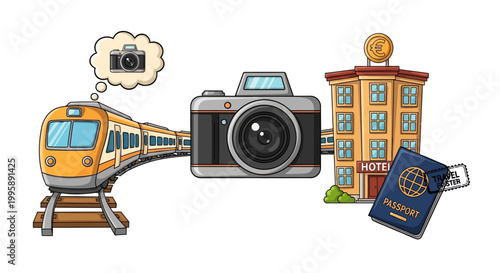 Travel photography concept with train and camera.