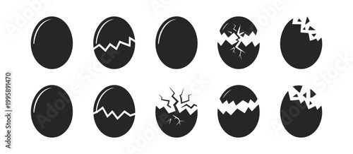Broken Easter egg icon vector illustration, silhouette cracked eggs and shell fragments in minimal style on white background for seasonal design