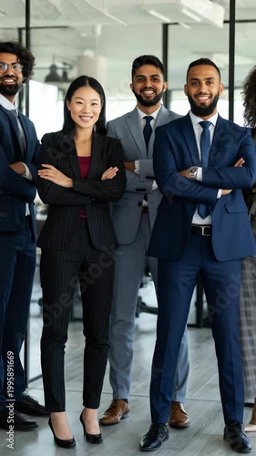 Multicultural business team with female asian young professional and male colleagues in suits standing confident in glass office environment