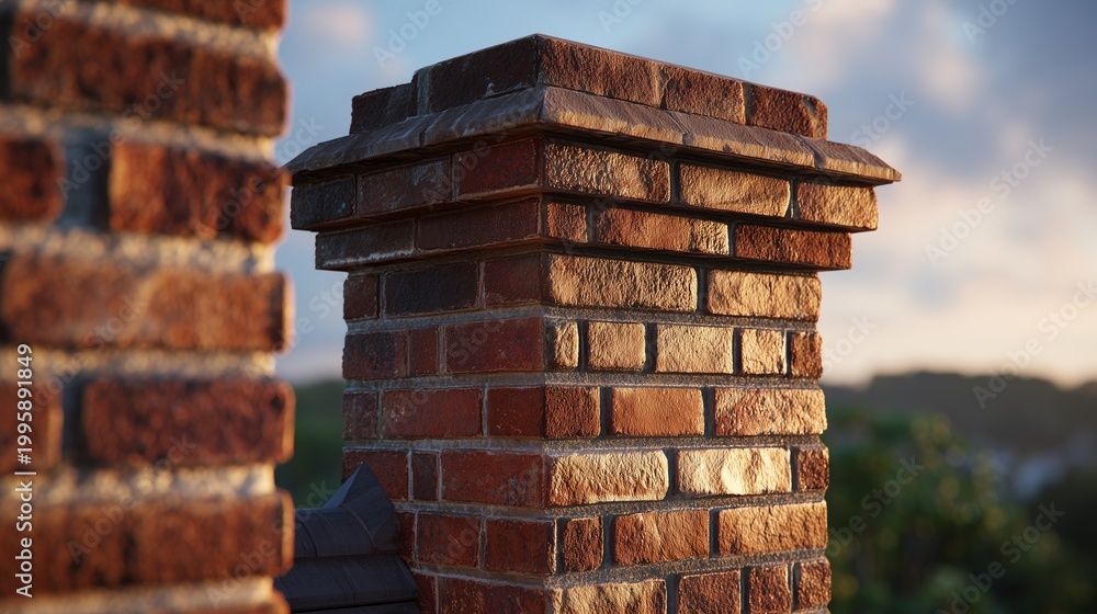 Naklejka premium Brick chimney on roof undergoing tuckpointing and repair, mason toolwork and mortar joint restoration conveying chimney and roof maintenance.