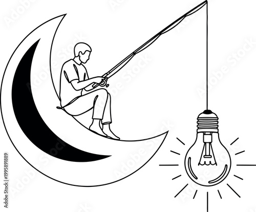 A tranquil figure is seated on a crescent moon, leisurely fishing and successfully catching a glowing lightbulb, symbolizing the act of finding brilliant ideas and inspiration.