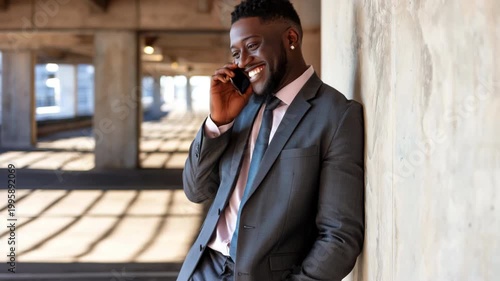 African male adult businessman in dark gray suit leaning against concrete wall in sunlit parking garage on phone serious professional executive