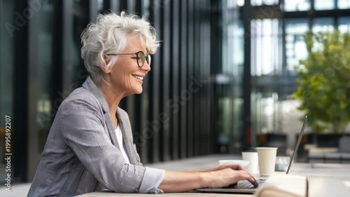 Caucasian female mature professional working on laptop at outdoor cafe table with coffee, short white hair and glasses, focused senior businesswoman in modern public workspace