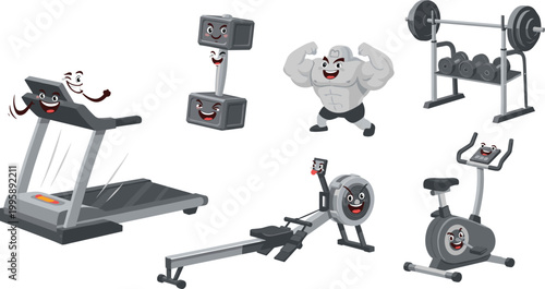 Cartoon Gym Equipment Set featuring Treadmill, Dumbbells, Rowing Machine, Exercise Bike, and Bodybuilder for Fitness, Exercise, and Health Projects