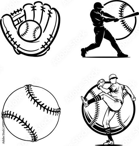 Baseball sports icons set with player pitching hitting ball and catcher glove
