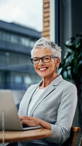Mature caucasian female professional with short white hair and black glasses working on laptop at cafe table near window in modern office setting