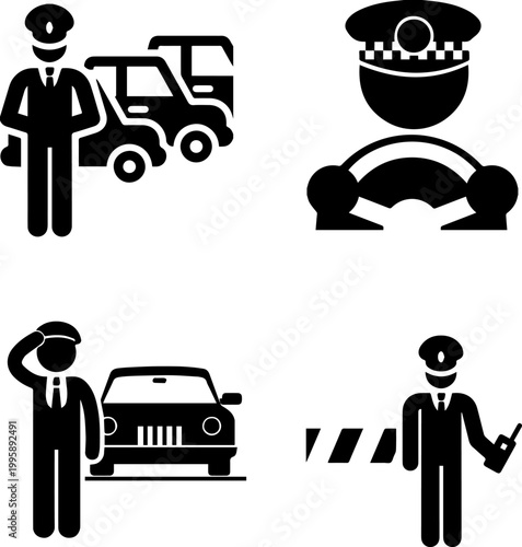 Security guard and police officer icons set with cars and access barrier