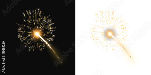 A radiant golden firework burst with a trailing sparkler and glowing center, evoking celebration, excitement, and festive light effects against a transparent dark backdrop.