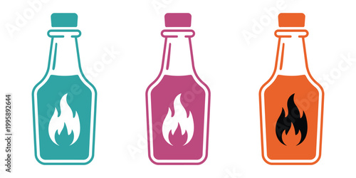 Colorful bottle icons vector illustration with flame symbols representing hot sauce, spicy condiment, and fiery flavor packaging design