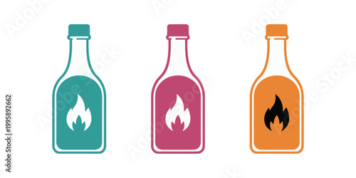 Colorful bottle icons vector illustration with flame symbols representing hot sauce, spicy condiment, and fiery flavor packaging design