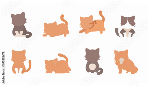 Cartoon kitten poses vector bundle playful cats with yarn ball and box in different actions isolated on white