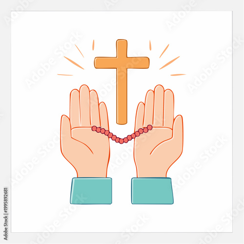 Hands holding rosary beads with a cross above