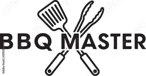BBQ Master logo, grill utensils icon, vector BBQ tools, spatula and tongs